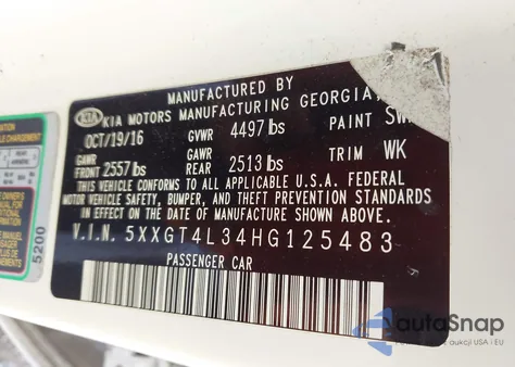 2017 Kia Optima Lx from USA, damaged, VIN 5XXGT4L34HG125483